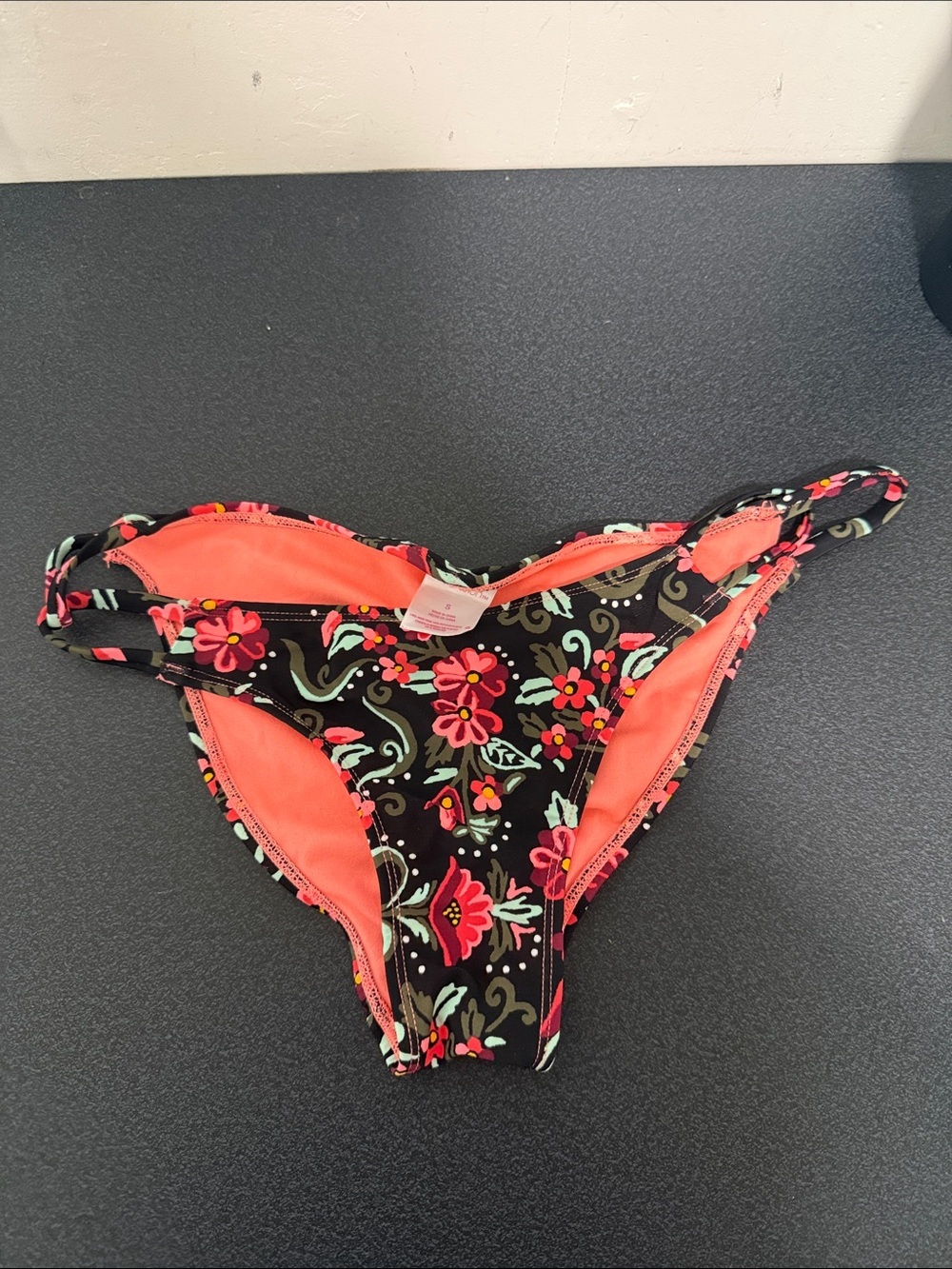 Xhilaration Black Floral Bikini Bottoms with Coral Lining